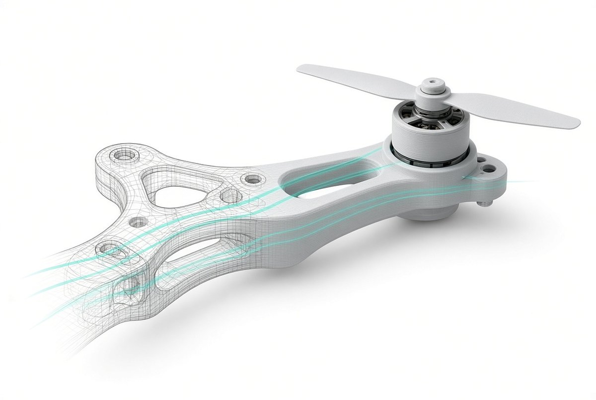Brazo de dron impreso en 3D con motor y hélice; a la izquierda se ve el modelo en malla de diseño CAD y a la derecha la pieza ya fabricada